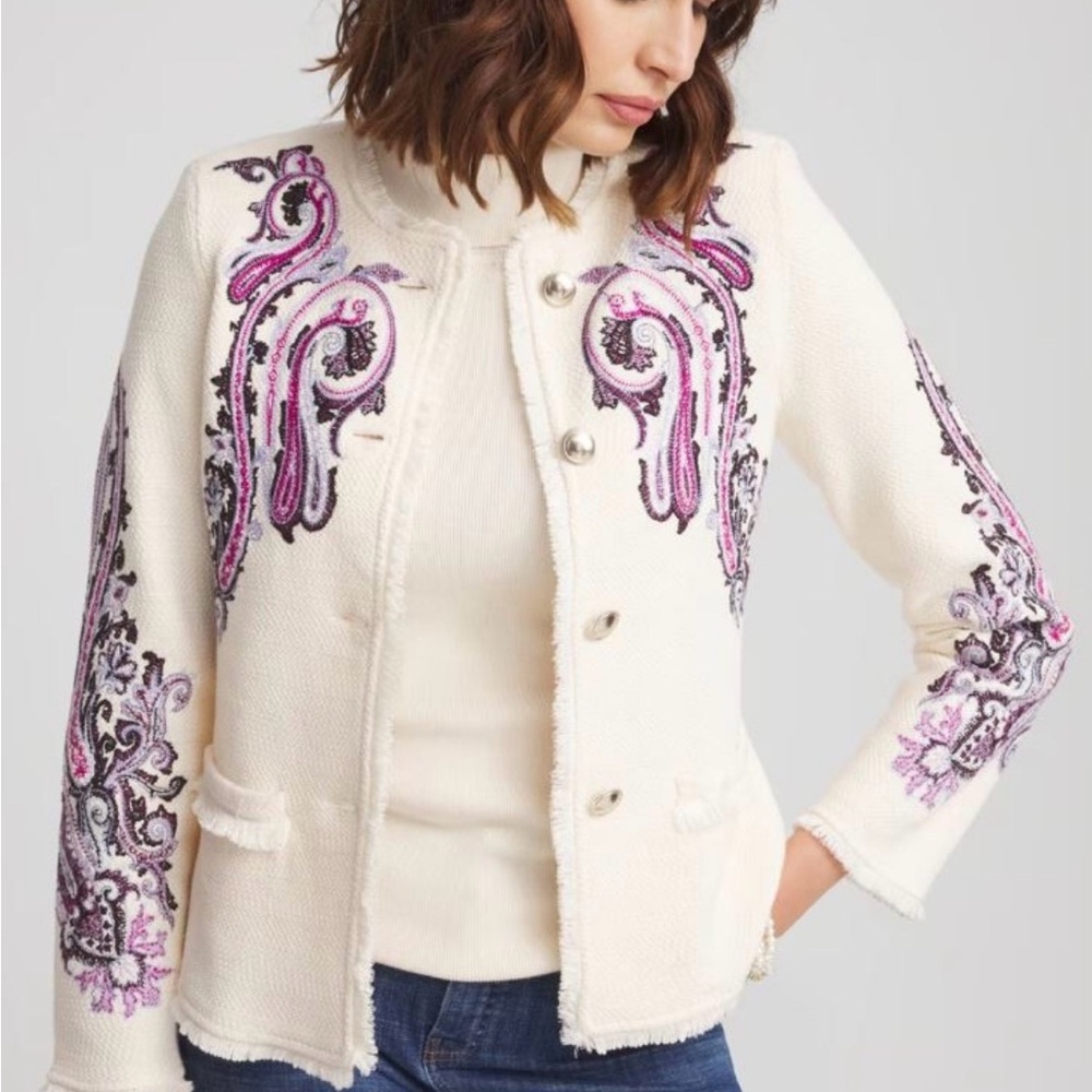 Embroidered White and Purple paisley tapestry Jacket with silver buttons
